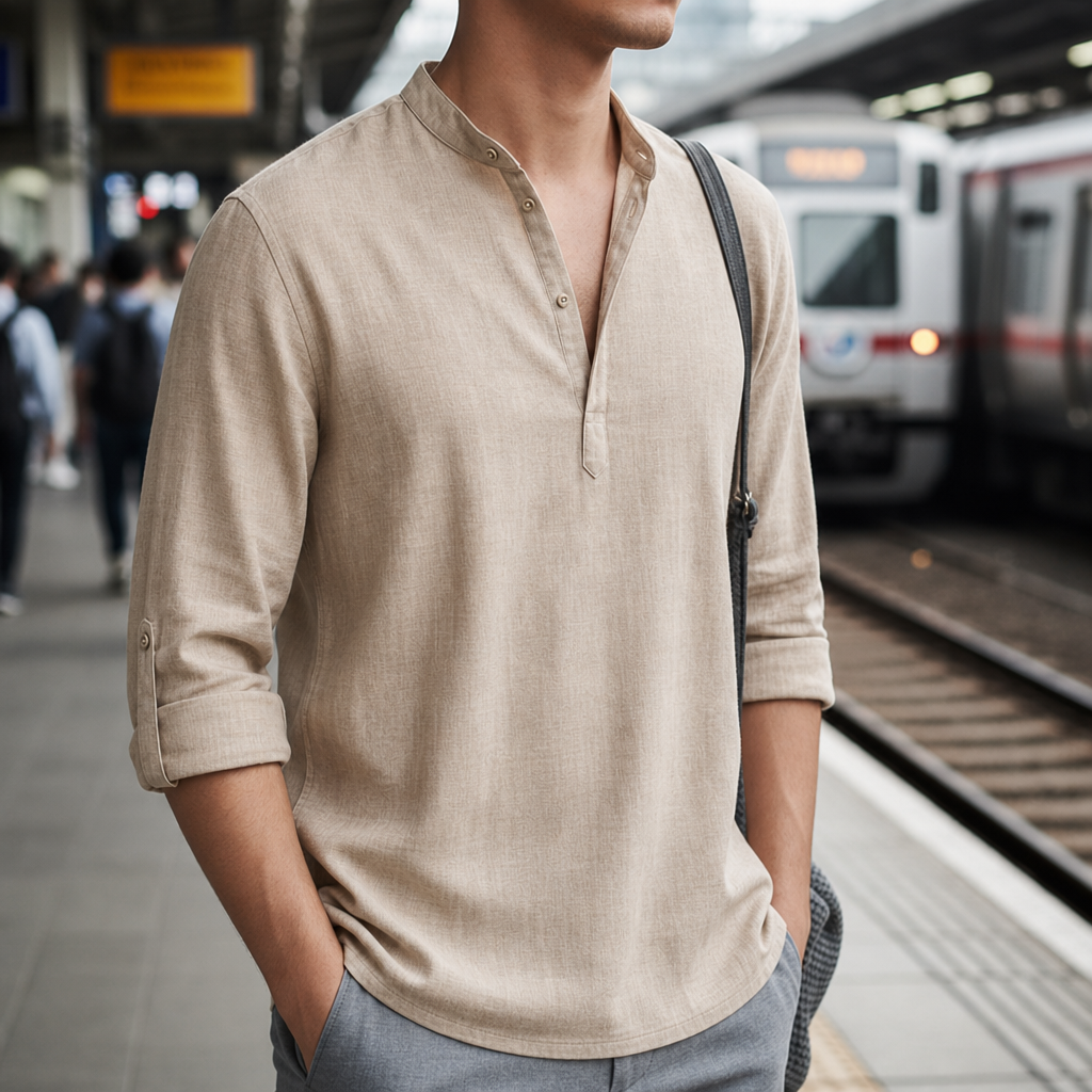 Gallipoli Linen Henley Shirt in Beige