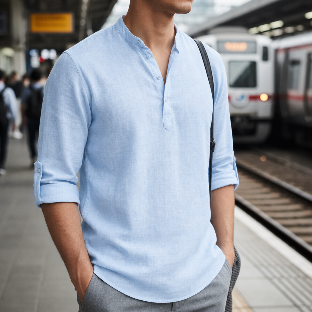 Gallipoli Linen Henley Shirt in Light Blue