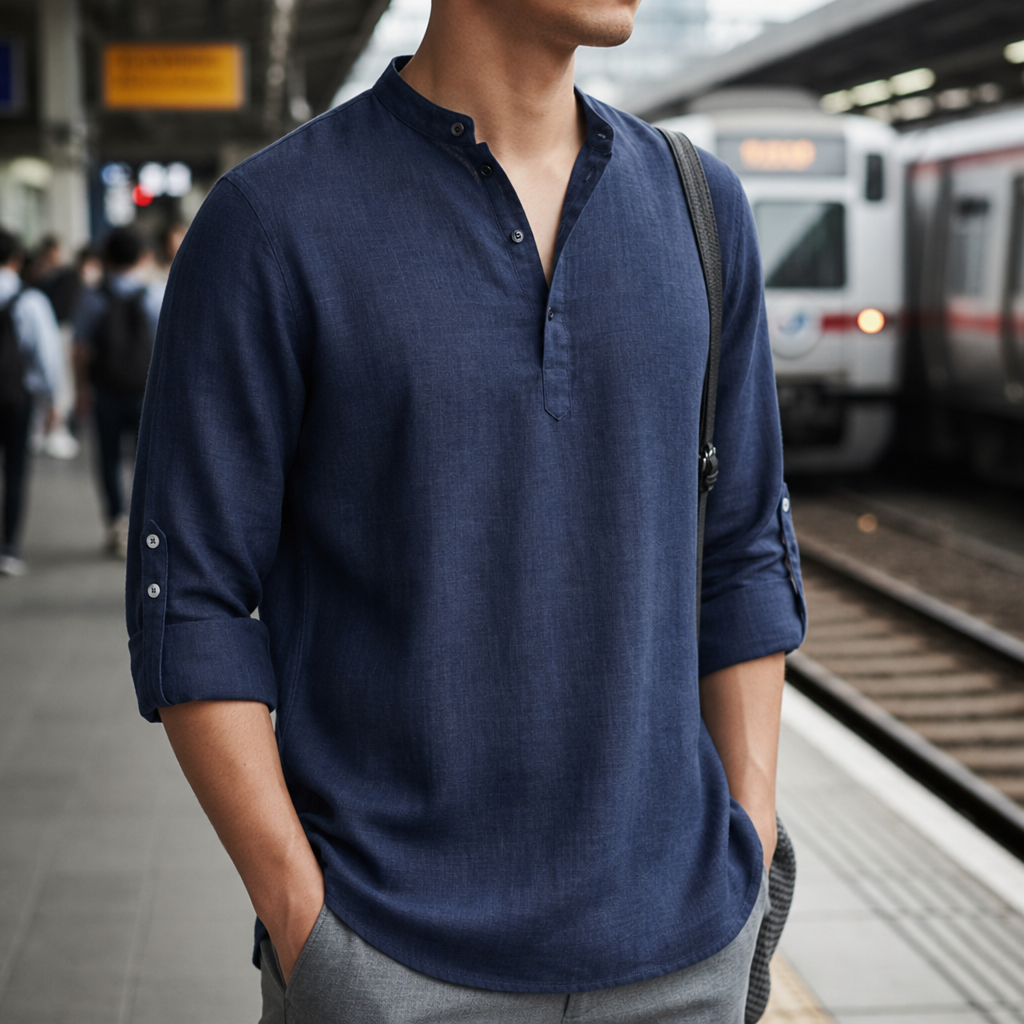 Gallipoli Linen Henley Shirt in Dark Blue