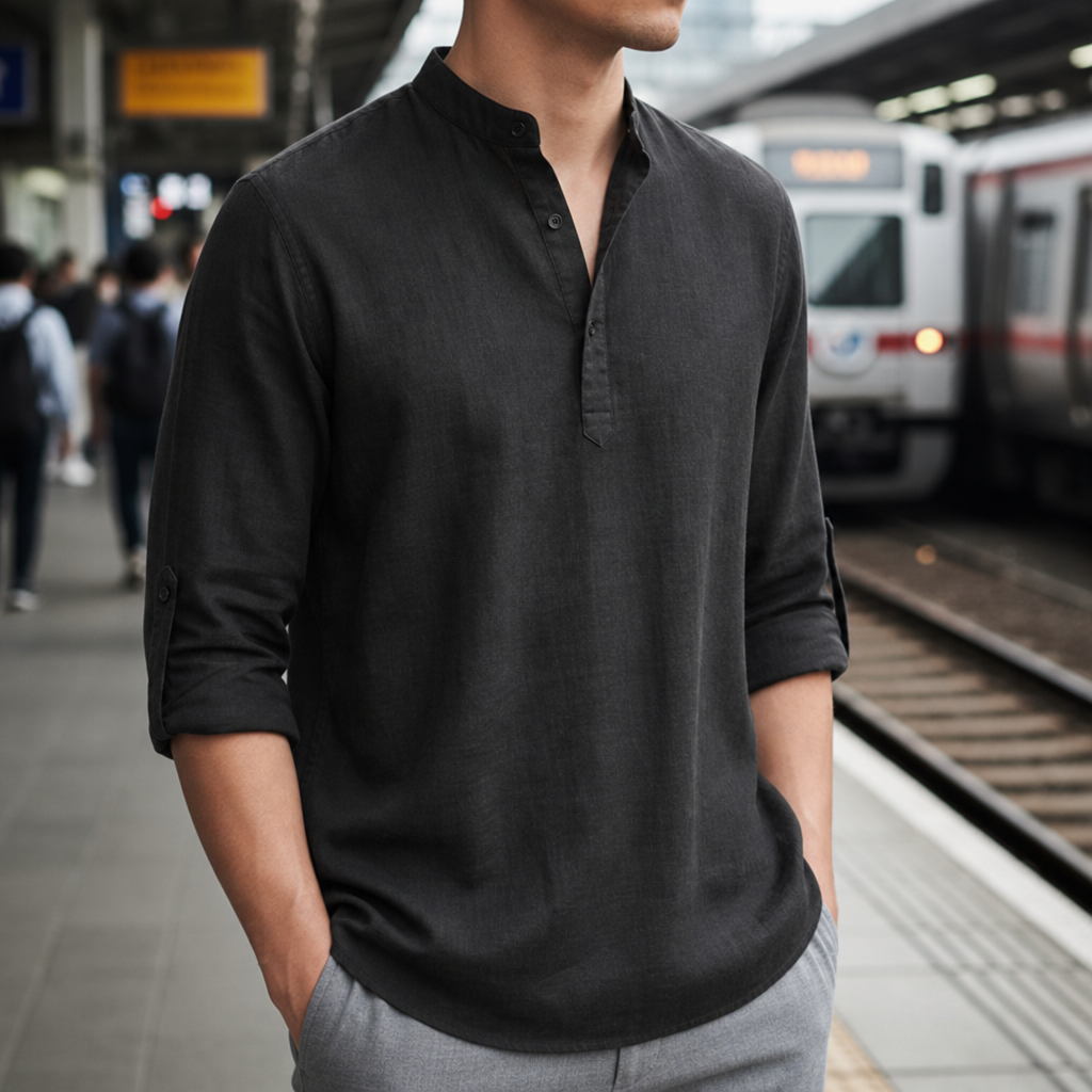 Gallipoli Linen Henley Shirt in Black