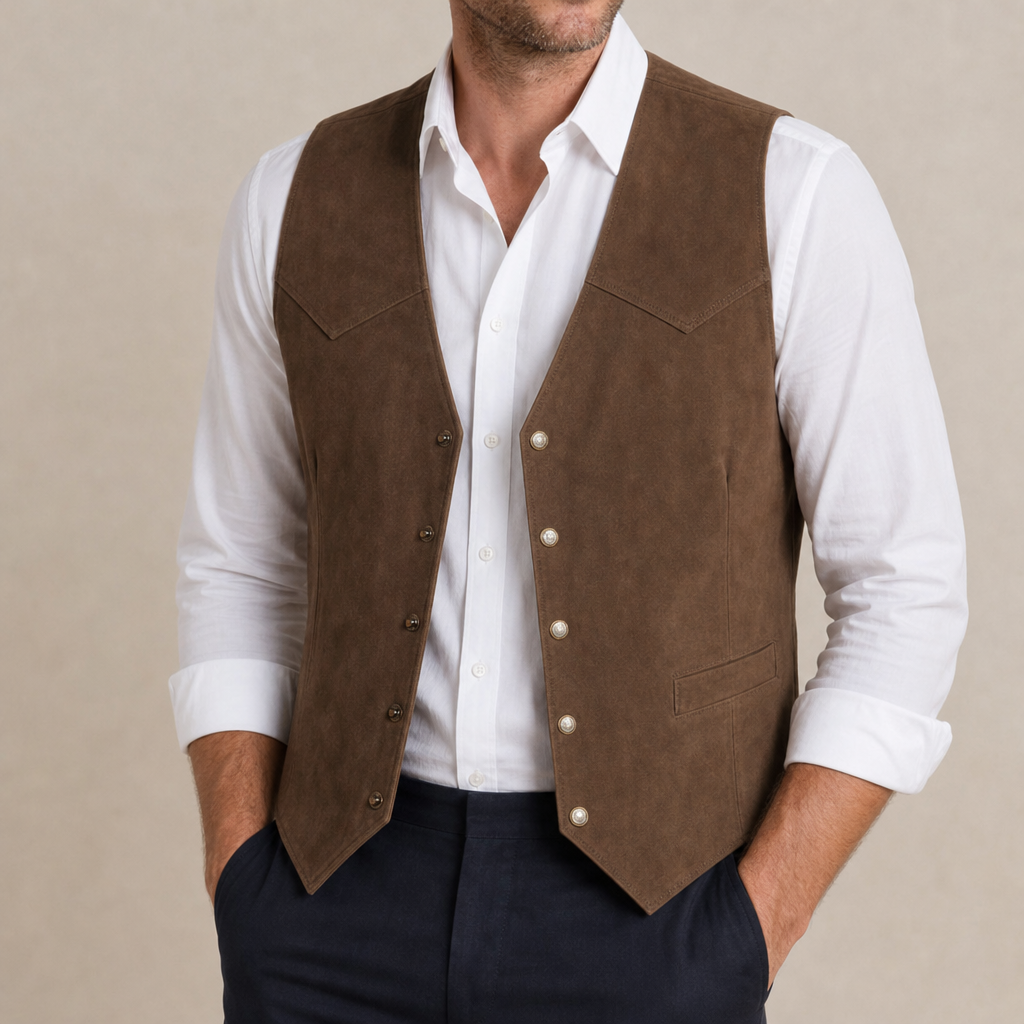 Gijon Western Suede Snap Vest in Brown