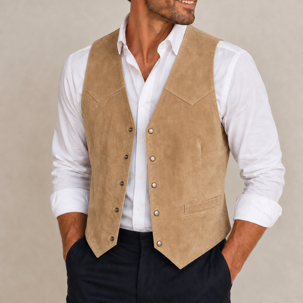 Gijon Western Suede Snap Vest in Beige