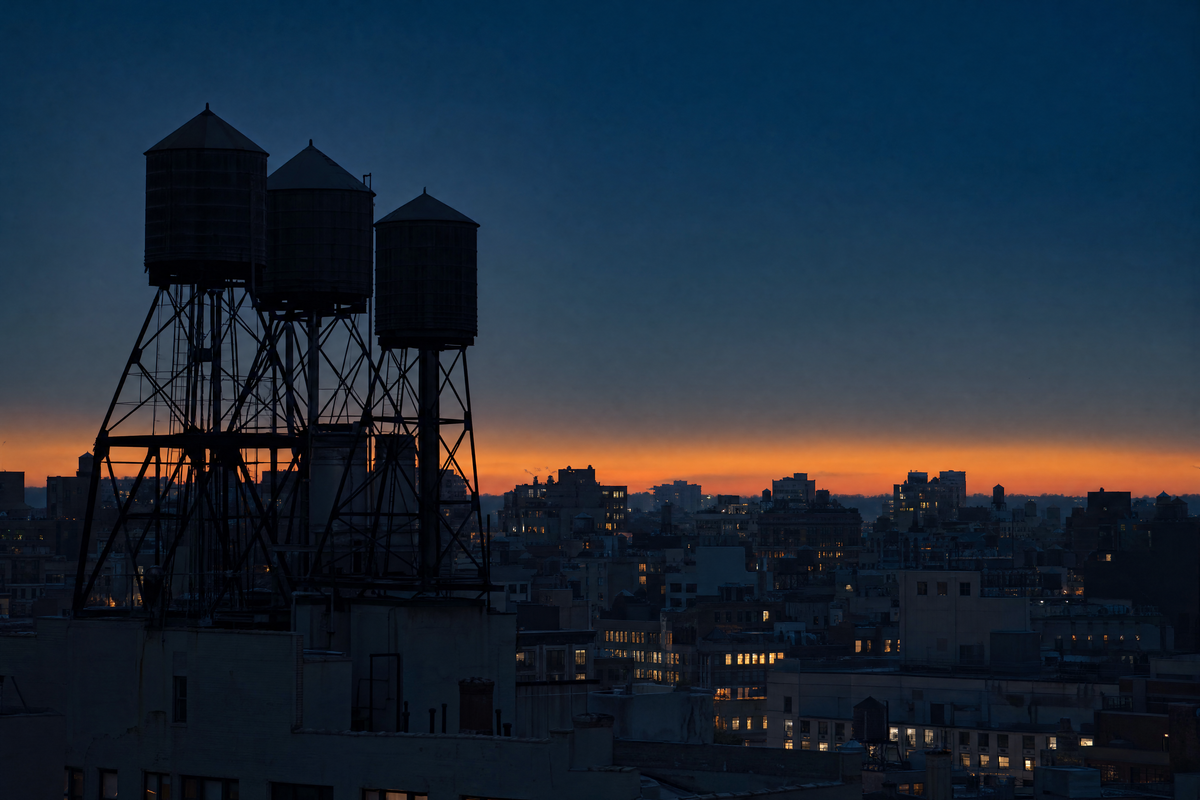 Rooftop water towers over New York at blue hour