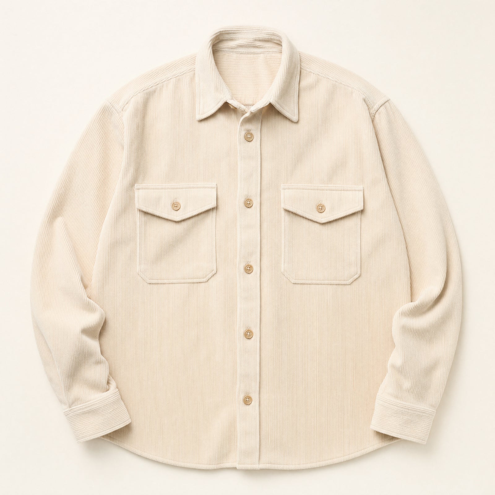 The Bowery Men's Corduroy Overshirt in Cream, flat lay