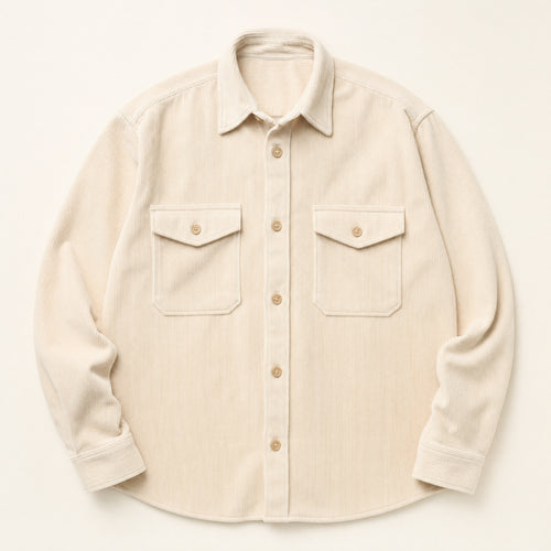 The Bowery Men's Corduroy Overshirt in Cream, flat lay