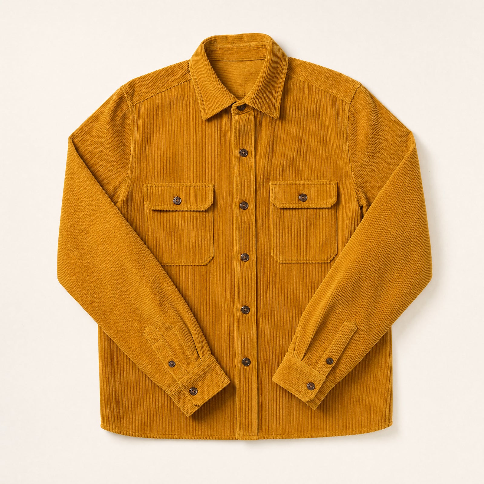 The Bowery Men's Corduroy Overshirt in Mustard, flat lay
