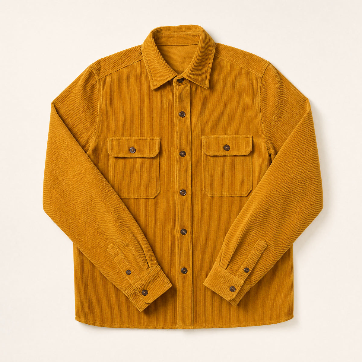 The Bowery Men's Corduroy Overshirt in Mustard, flat lay