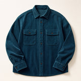 The Bowery Men's Corduroy Overshirt in Teal, flat lay