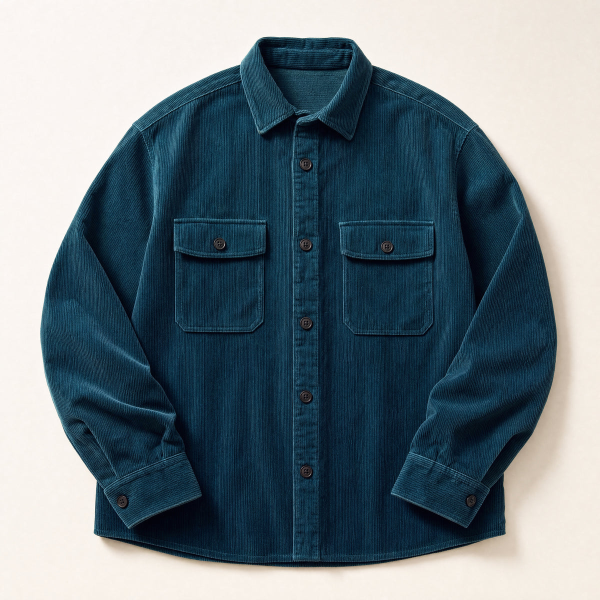 The Bowery Men's Corduroy Overshirt in Teal, flat lay