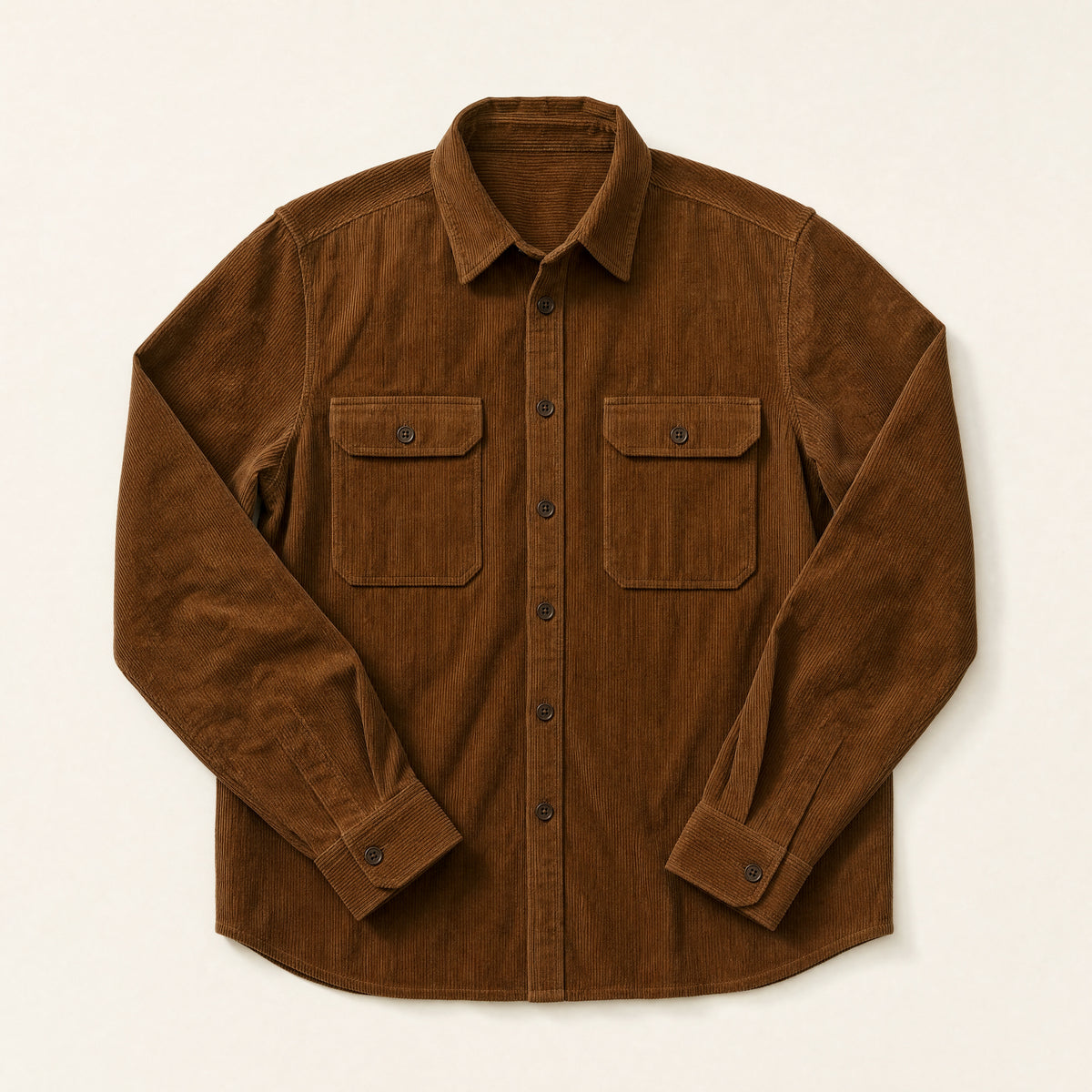 The Bowery Men's Corduroy Overshirt in Tobacco, flat lay