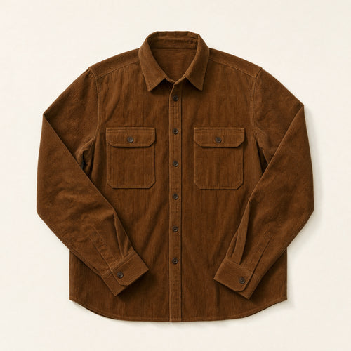 The Bowery Men's Corduroy Overshirt in Tobacco, flat lay