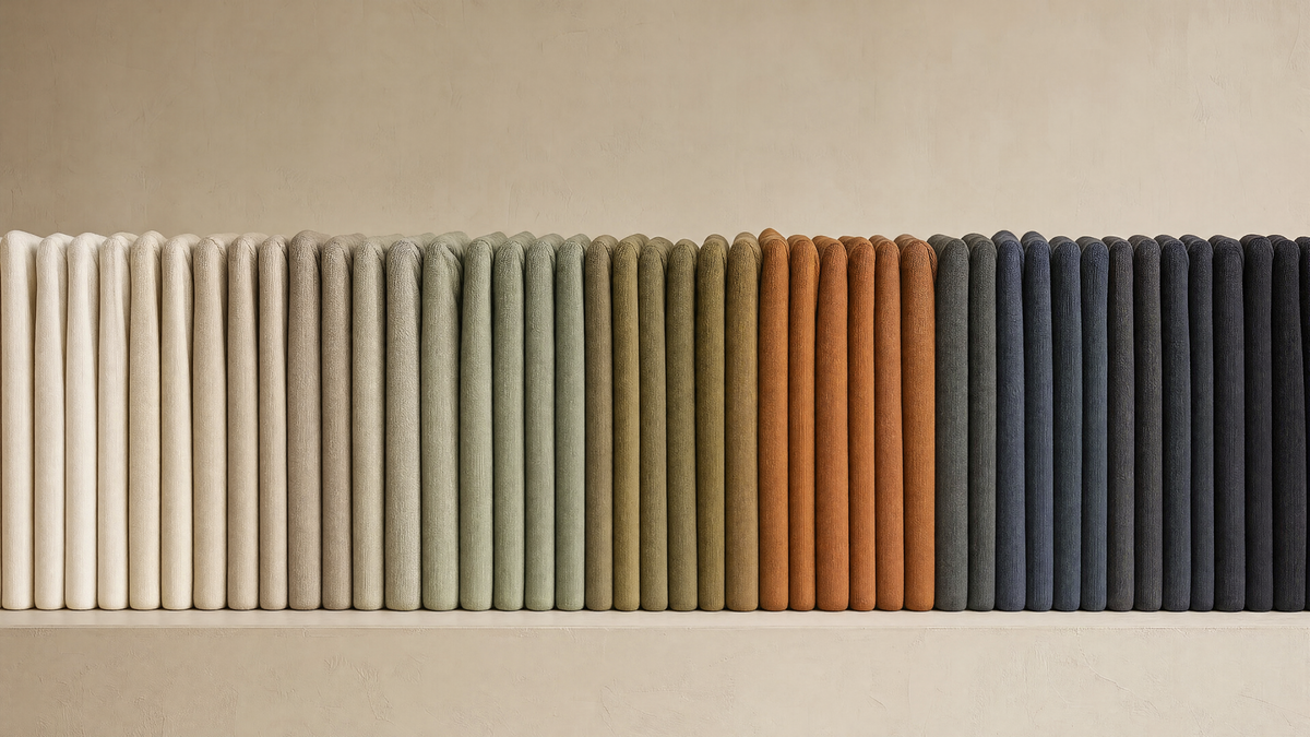 A row of folded Gilbert Maxwell garments photographed in soft window light