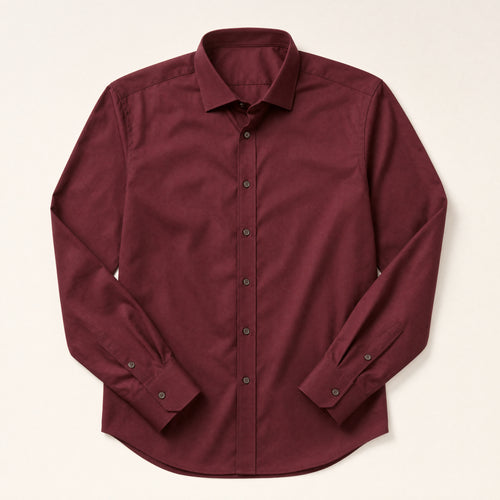 The Gramercy Men's Poplin Dress Shirt in Burgundy, flat lay