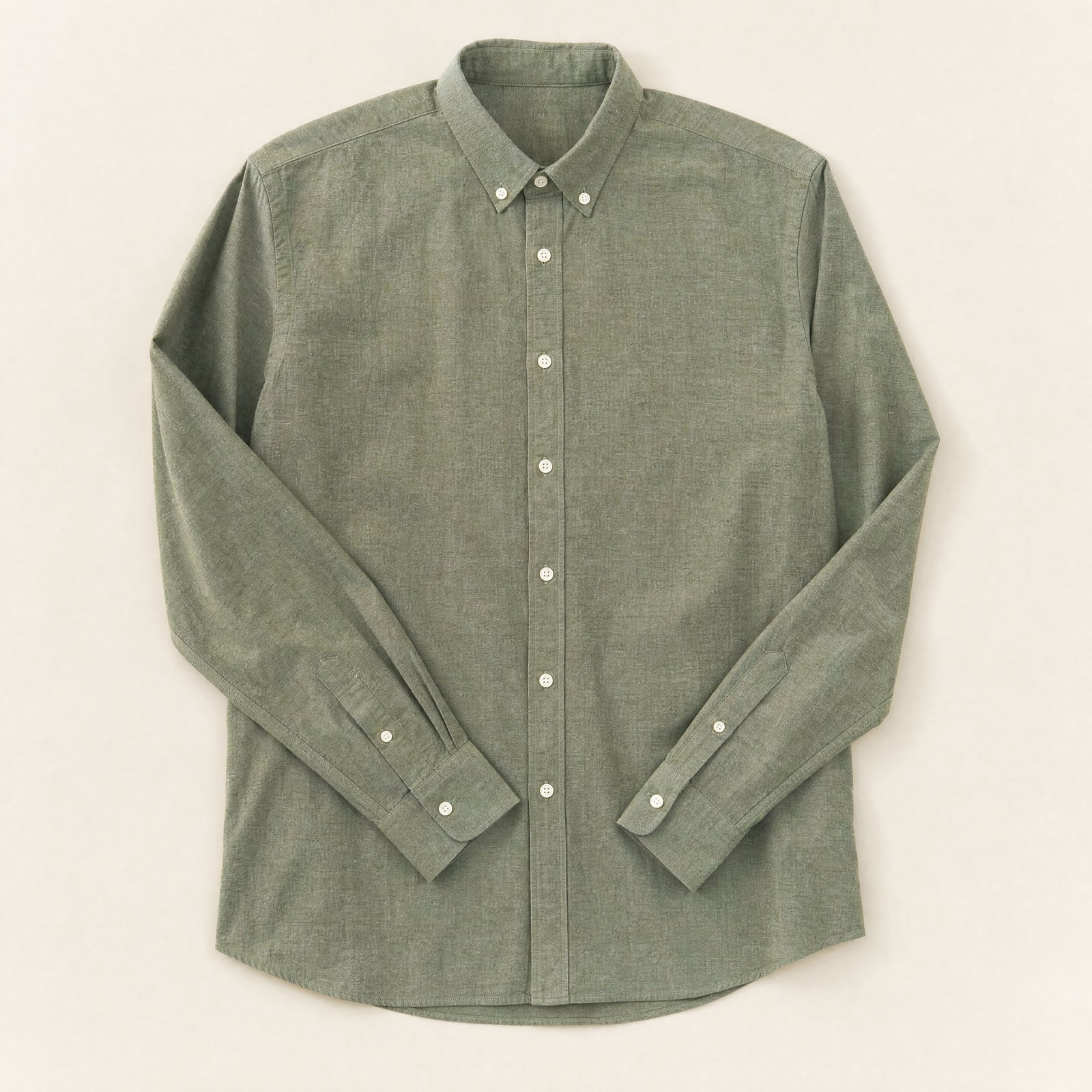 The Tribeca Men's Chambray Shirt in Olive, flat lay