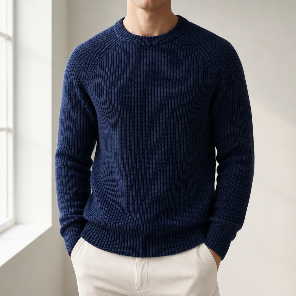 Gozo Fisherman Rib Knit Sweater in Navy