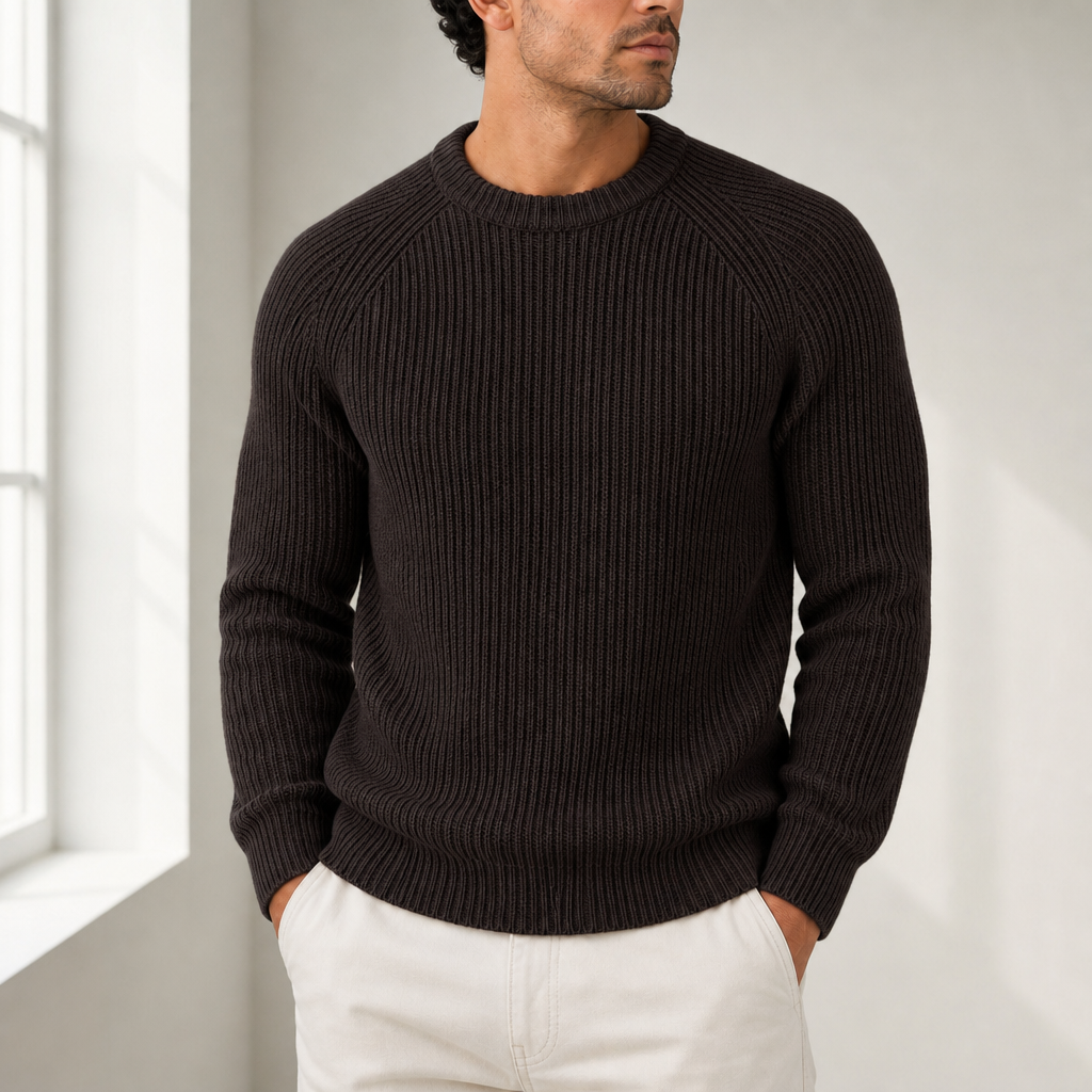 Gozo Fisherman Rib Knit Sweater in Brown
