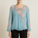 Guimaraes Floral Embroidered Lace Blouse in Blue