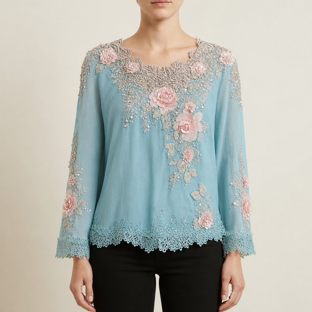 Guimaraes Floral Embroidered Lace Blouse in Blue