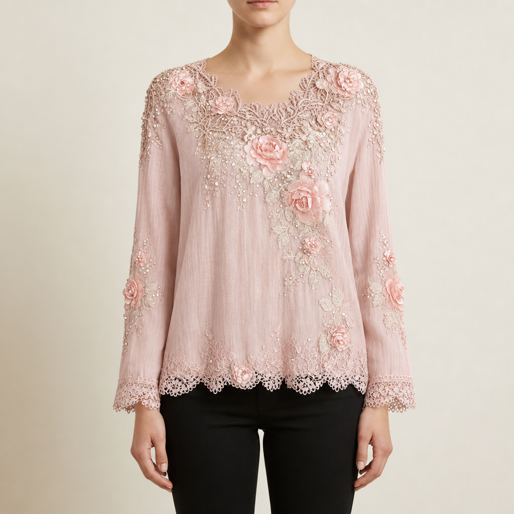 Guimaraes Floral Embroidered Lace Blouse in Pink