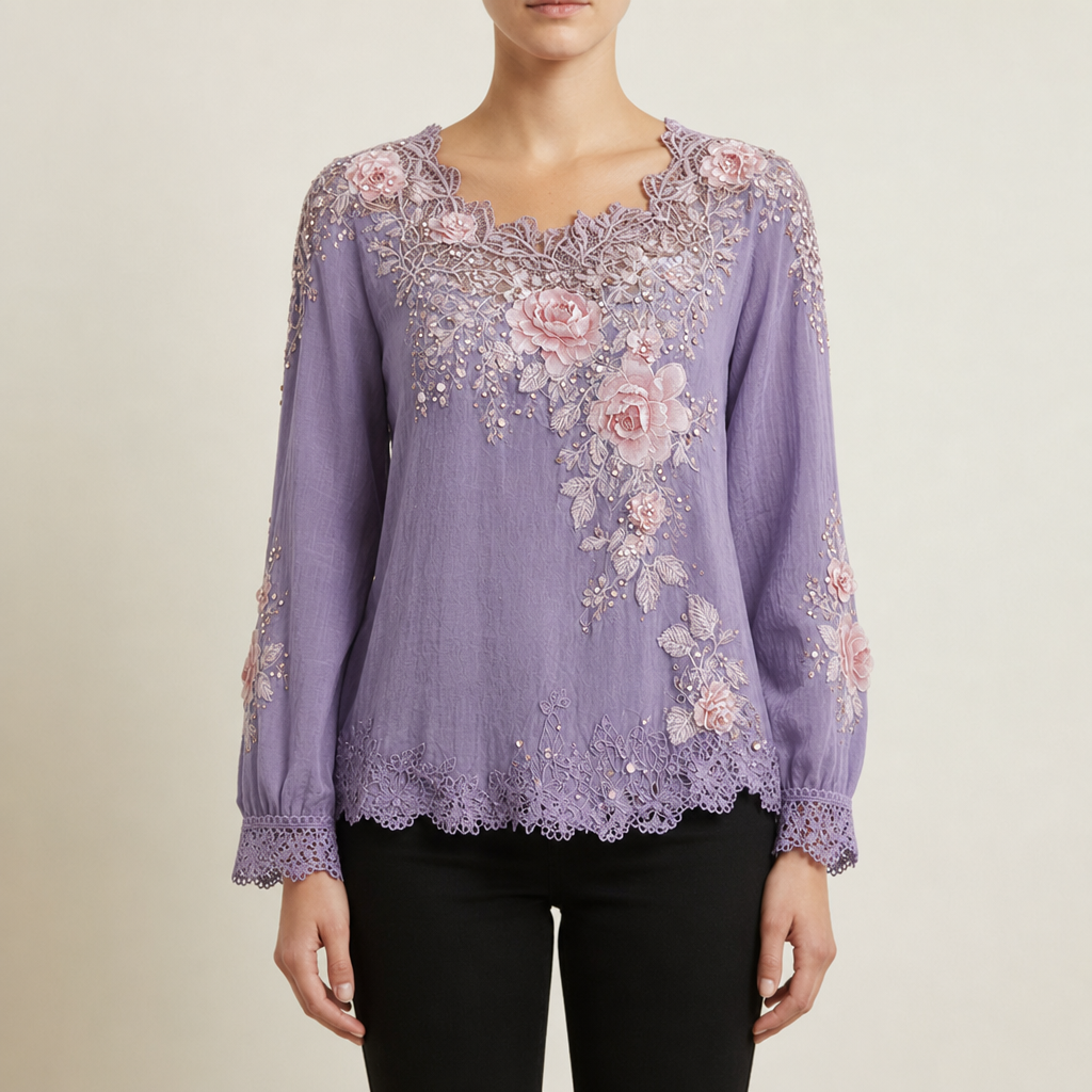 Guimaraes Floral Embroidered Lace Blouse in Purple