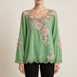 Guimaraes Floral Embroidered Lace Blouse in Green