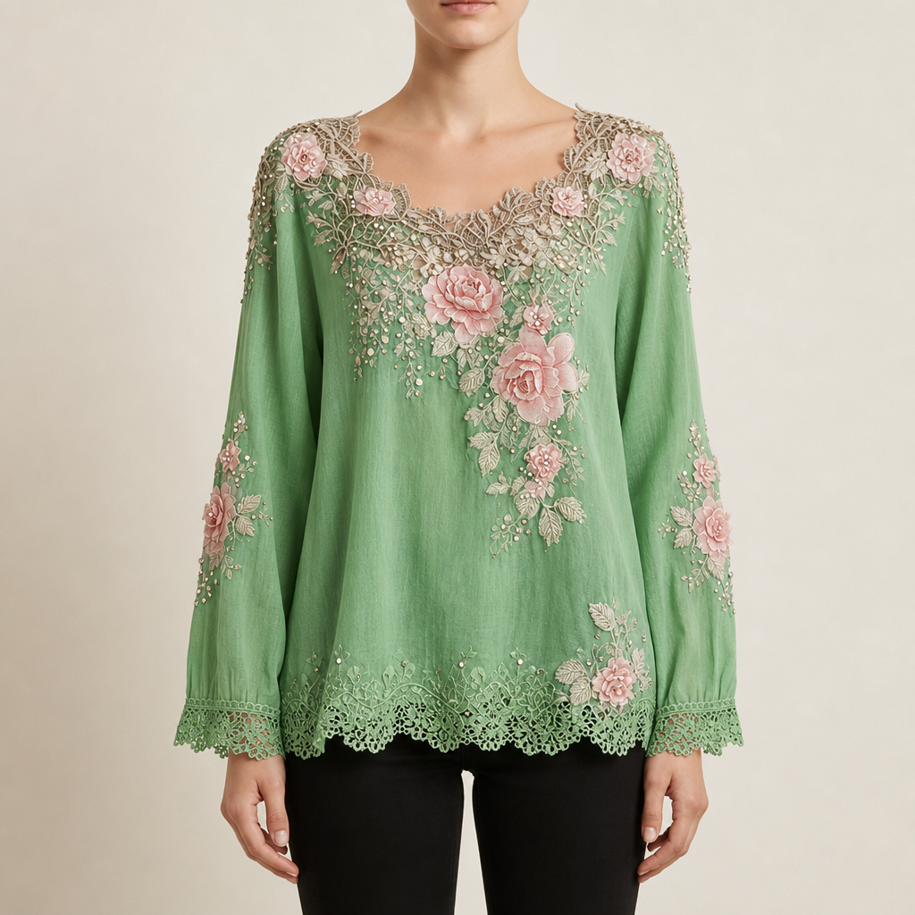 Guimaraes Floral Embroidered Lace Blouse in Green