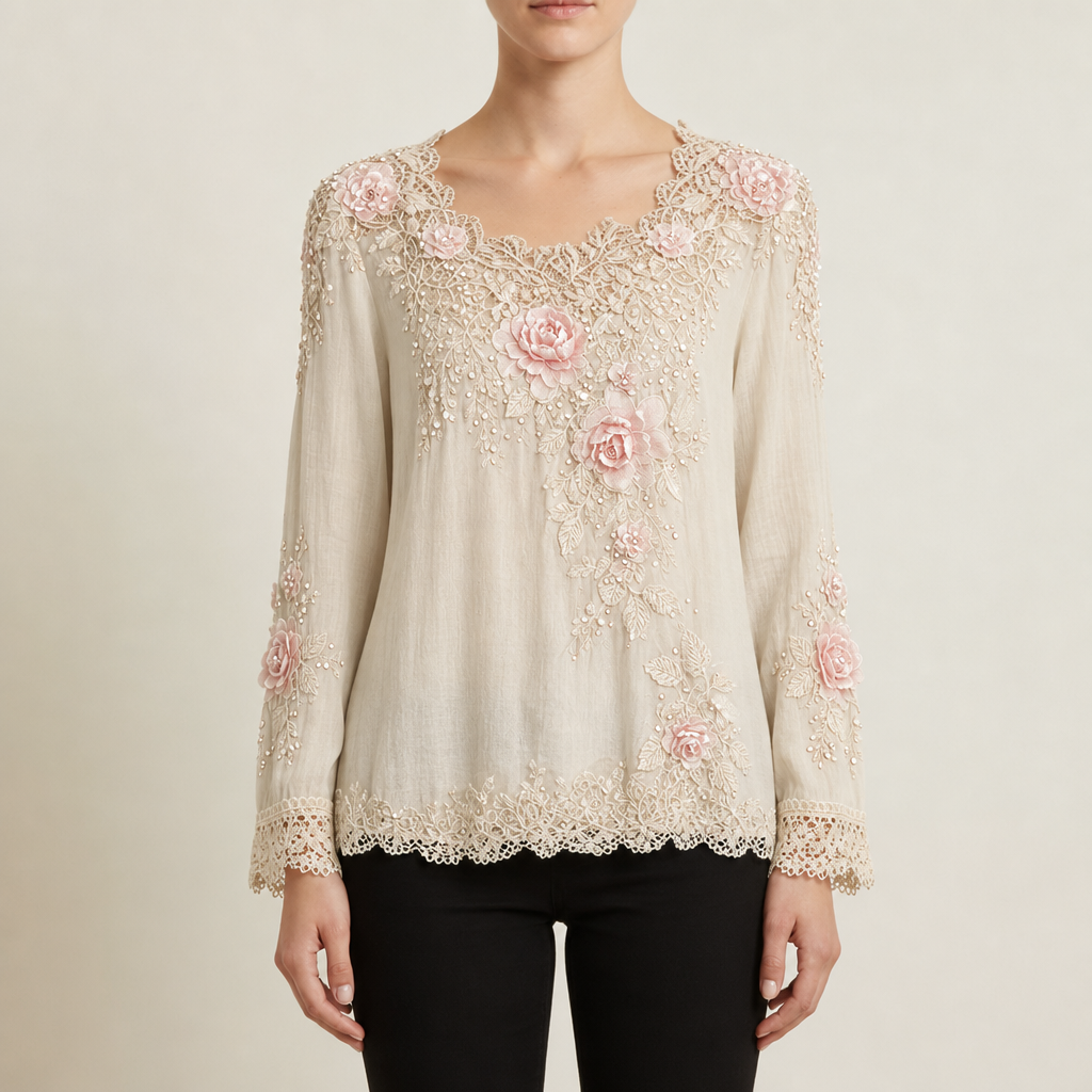 Guimaraes Floral Embroidered Lace Blouse in Beige