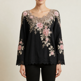 Guimaraes Floral Embroidered Lace Blouse in Black