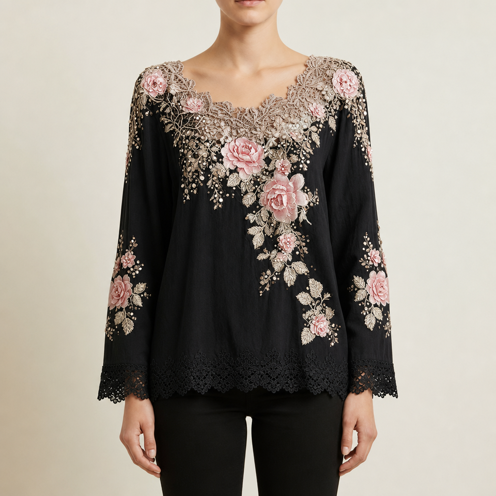 Guimaraes Floral Embroidered Lace Blouse in Black