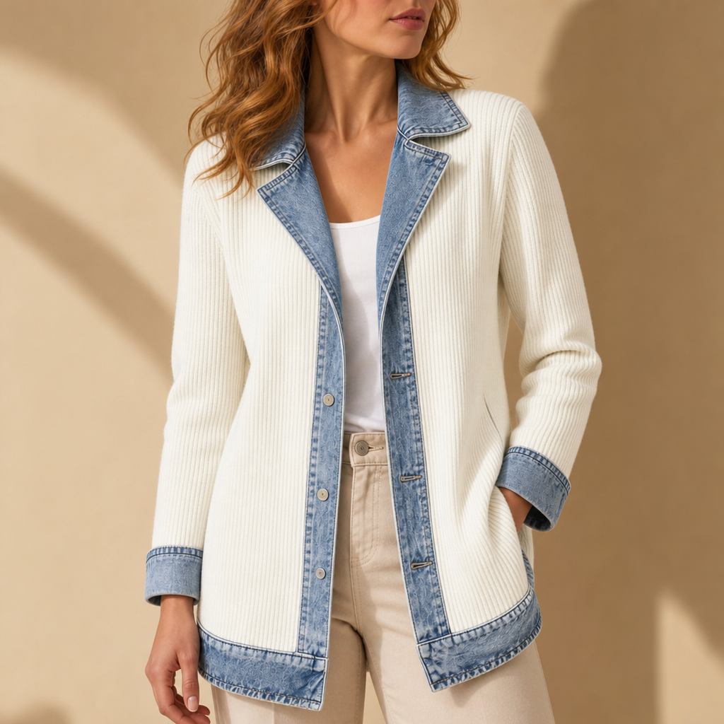 Gythio Denim Trim Cardigan Jacket in White