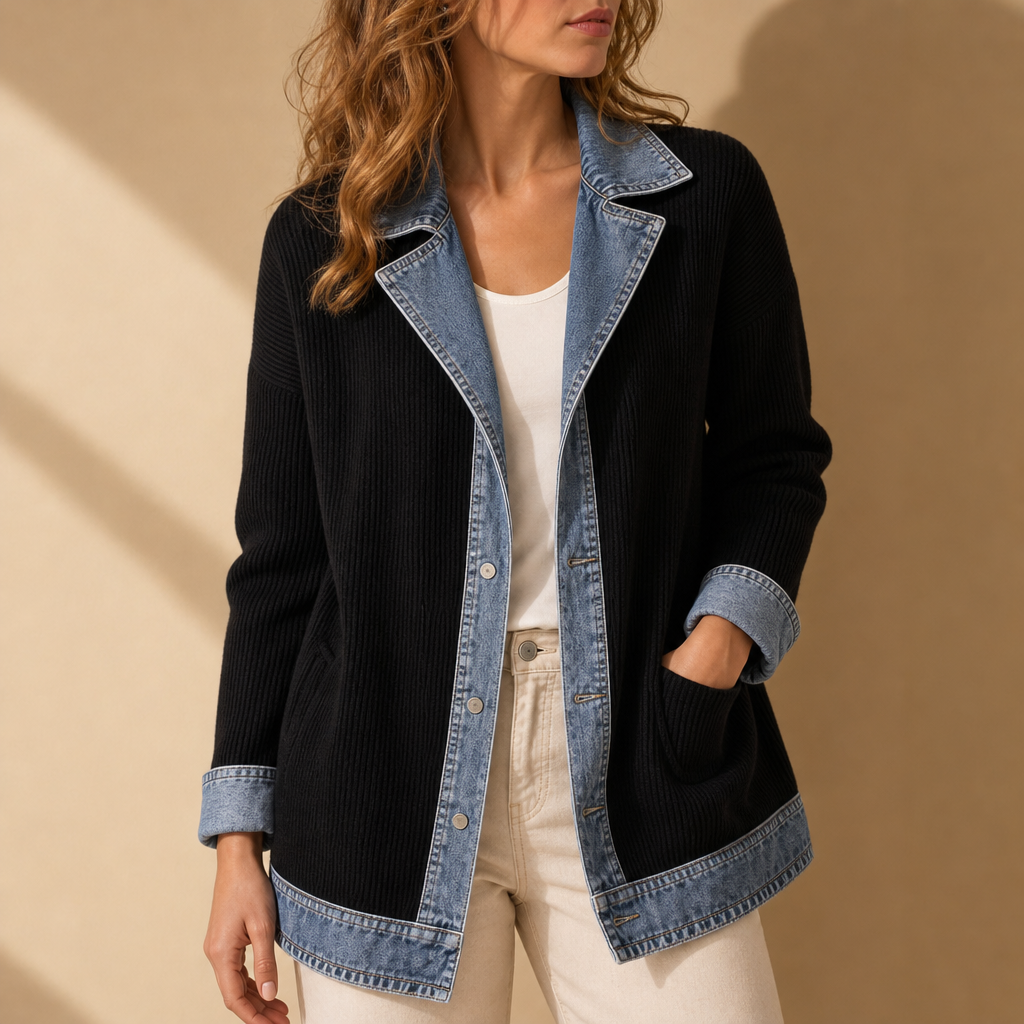Gythio Denim Trim Cardigan Jacket in Black