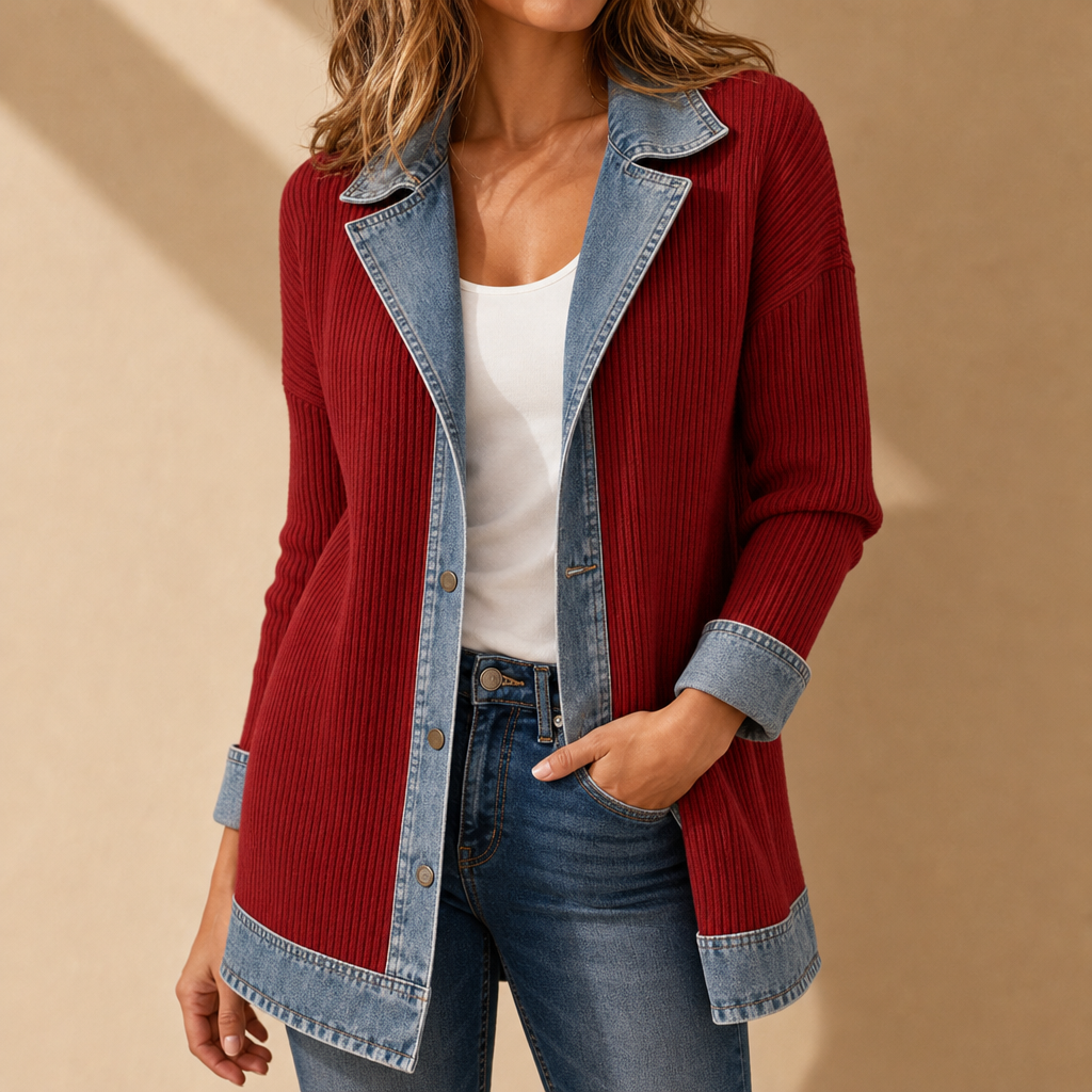 Gythio Denim Trim Cardigan Jacket in Red