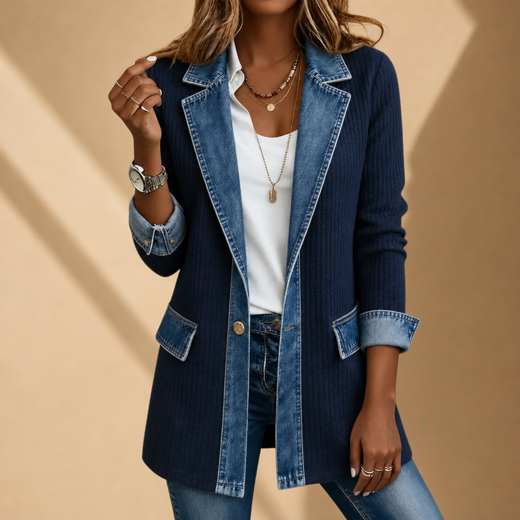 Gythio Denim Trim Cardigan Jacket in Navy Blue