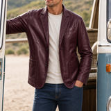 Hyeres Tailored Leather Blazer in Burgundy Red
