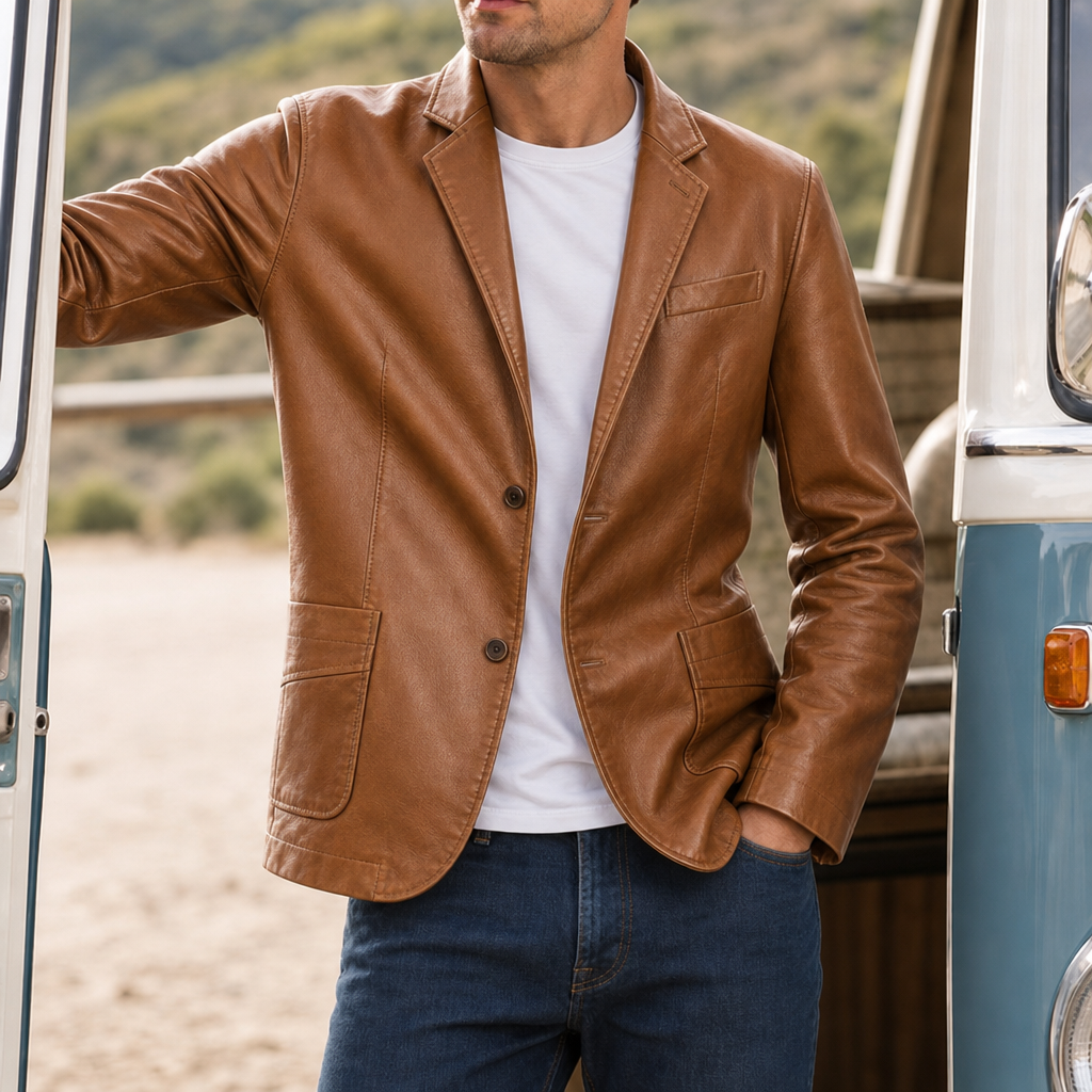 Hyeres Tailored Leather Blazer in Cognac Brown