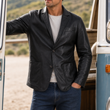 Hyeres Tailored Leather Blazer in Obsidian Black