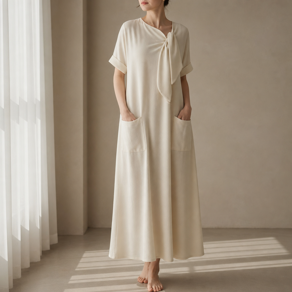 Jerez Bow Neck Maxi Dress in Beige