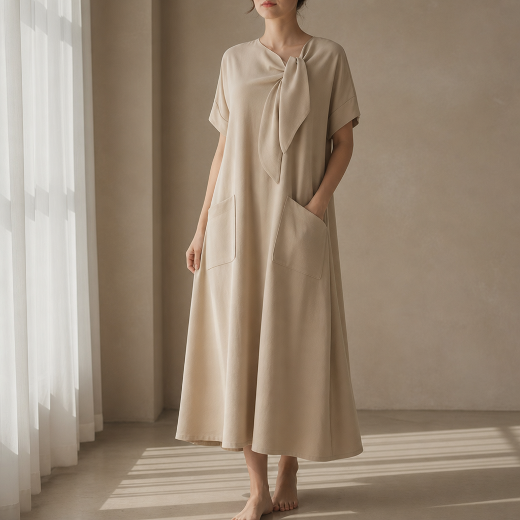 Jerez Bow Neck Maxi Dress in Khaki