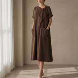 Jerez Bow Neck Maxi Dress in Brown