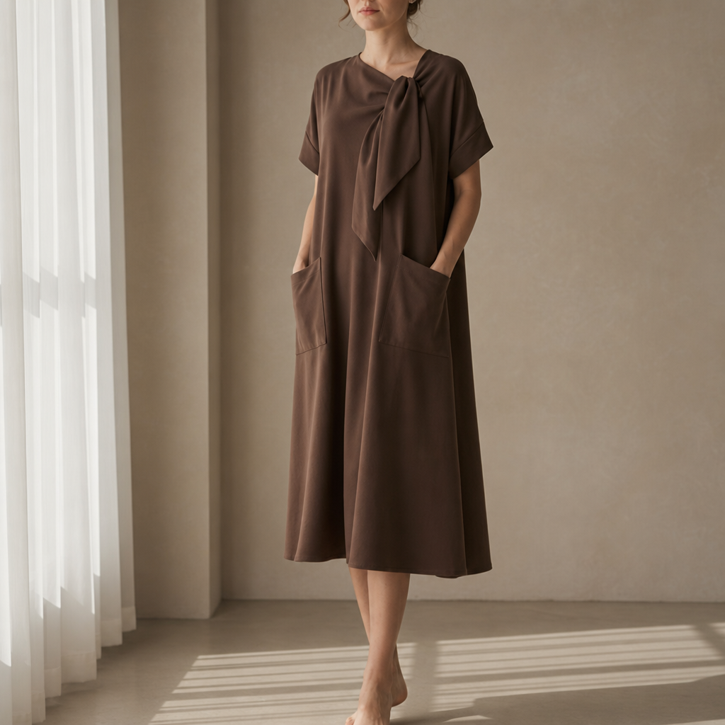 Jerez Bow Neck Maxi Dress in Brown