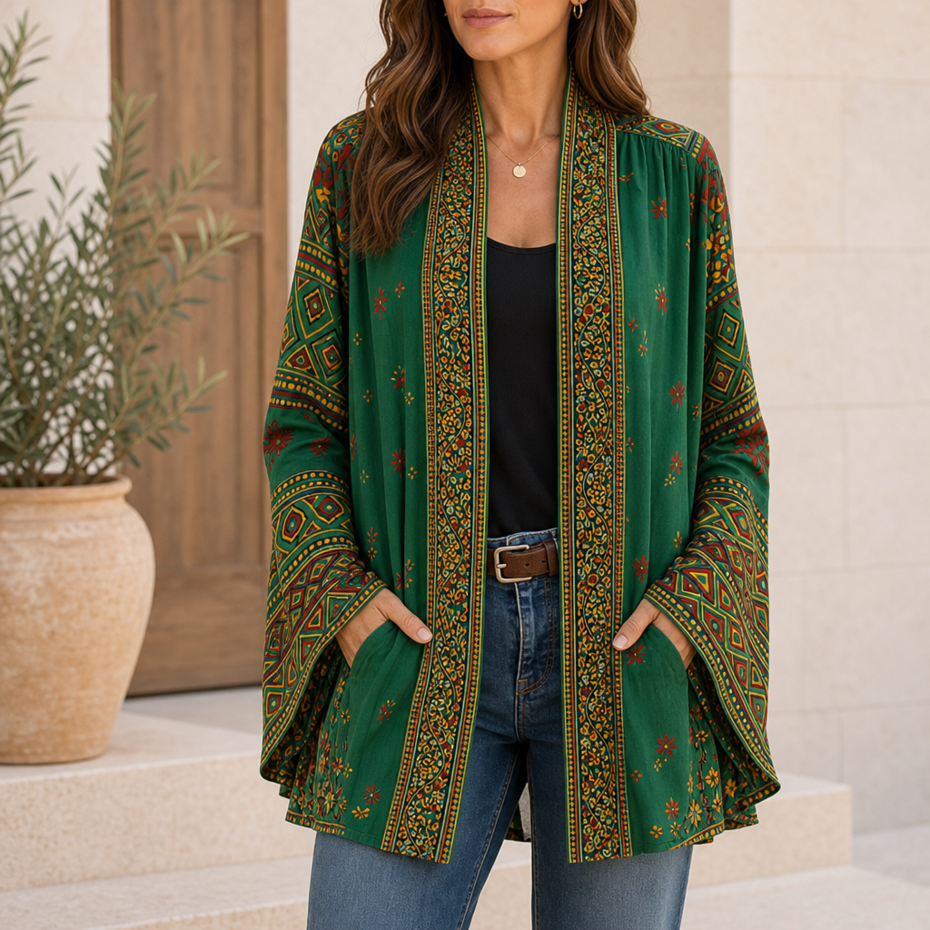 Kalymnos Velvet Bohemian Cardigan in Forest Green