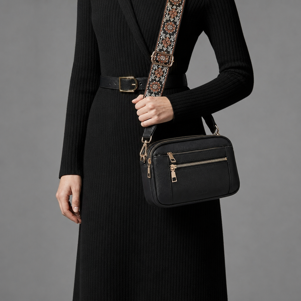 Kythnos Leather Crossbody Bag in Black