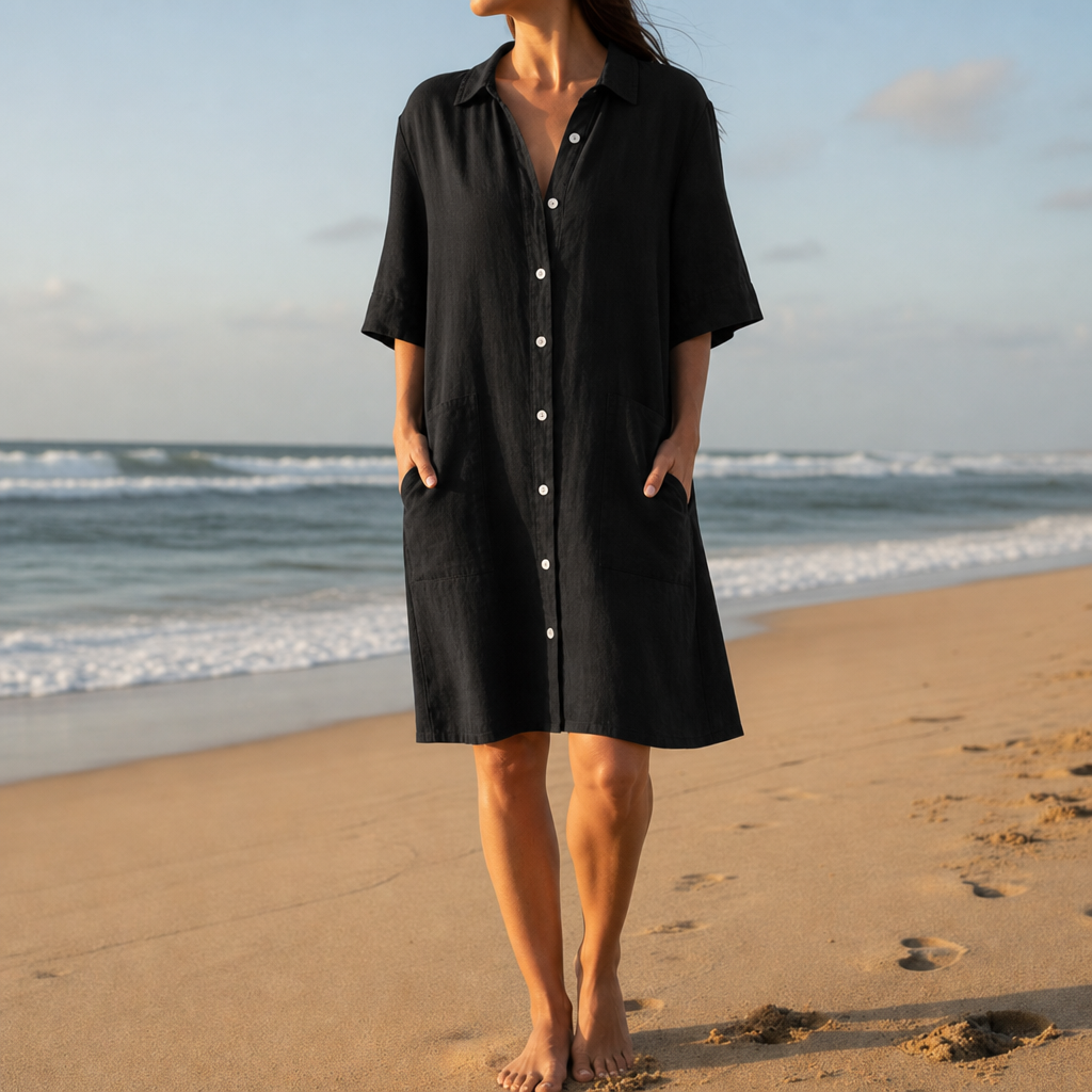 Lagos Linen Shirt Dress in Black