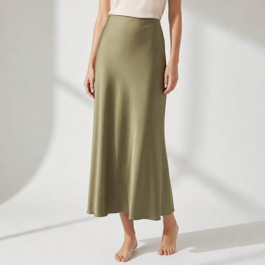 Lefkada Asymmetric Satin Midi Skirt in Green