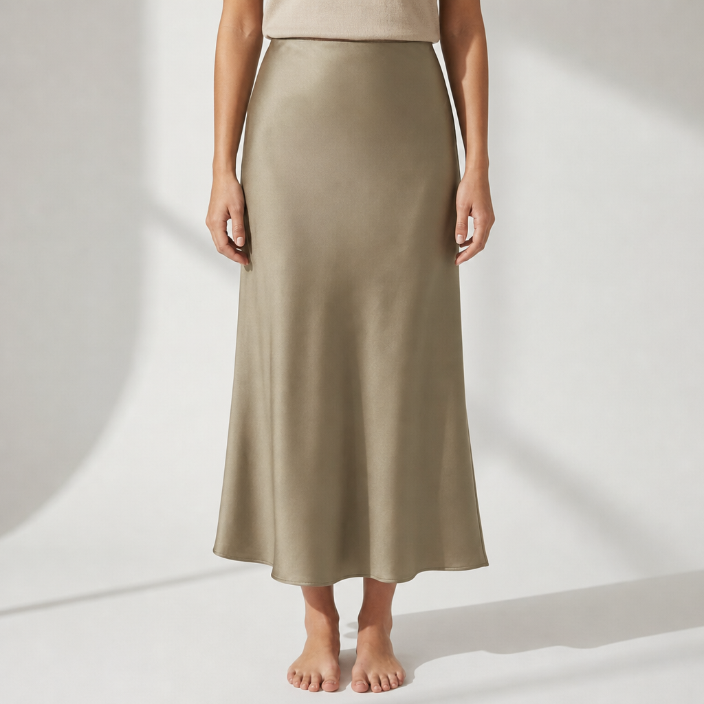 Lefkada Asymmetric Satin Midi Skirt in Khaki
