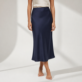 Lefkada Asymmetric Satin Midi Skirt in Navy