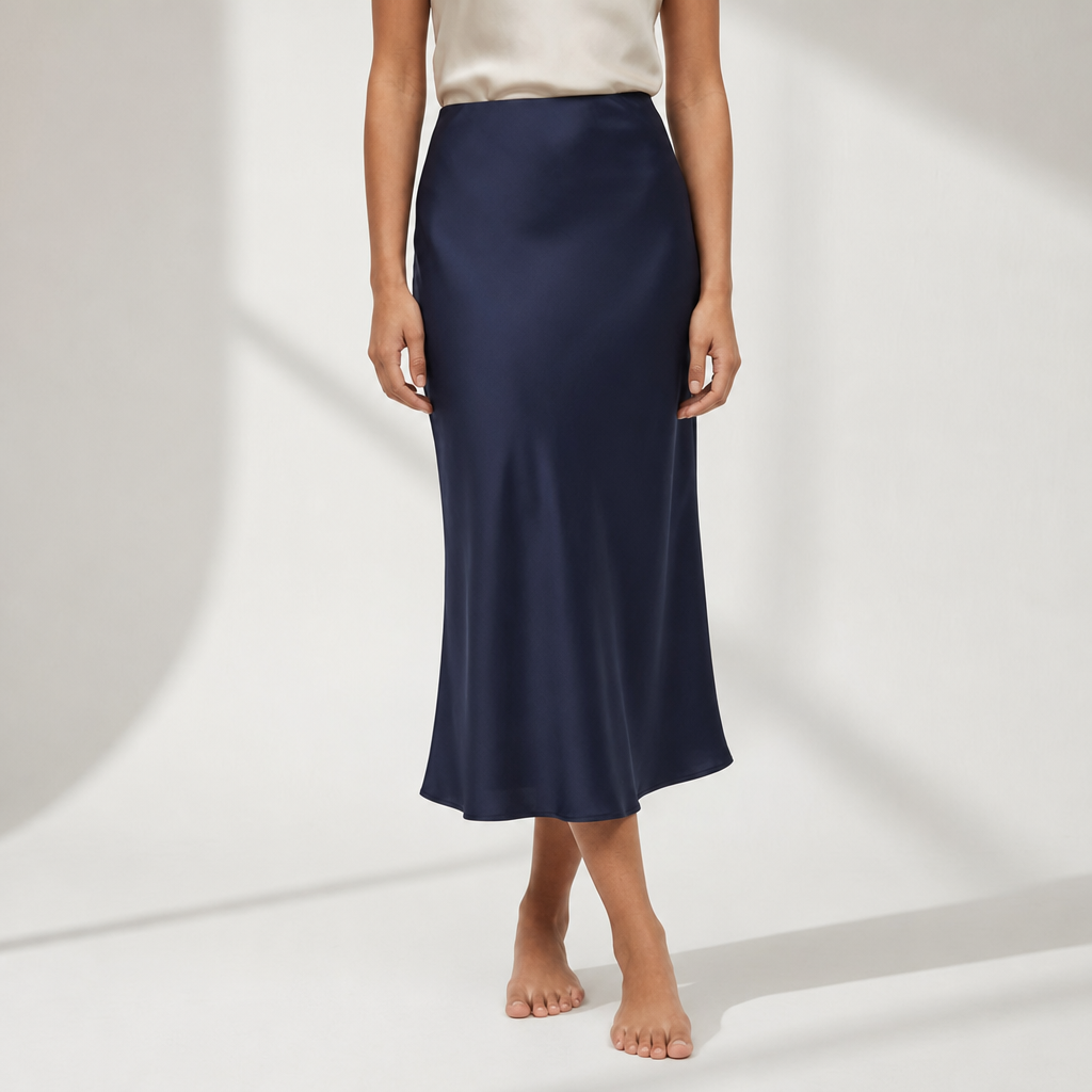 Lefkada Asymmetric Satin Midi Skirt in Navy
