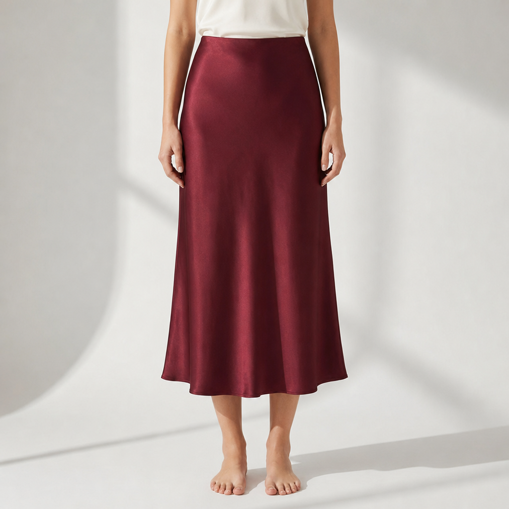 Lefkada Asymmetric Satin Midi Skirt in Red