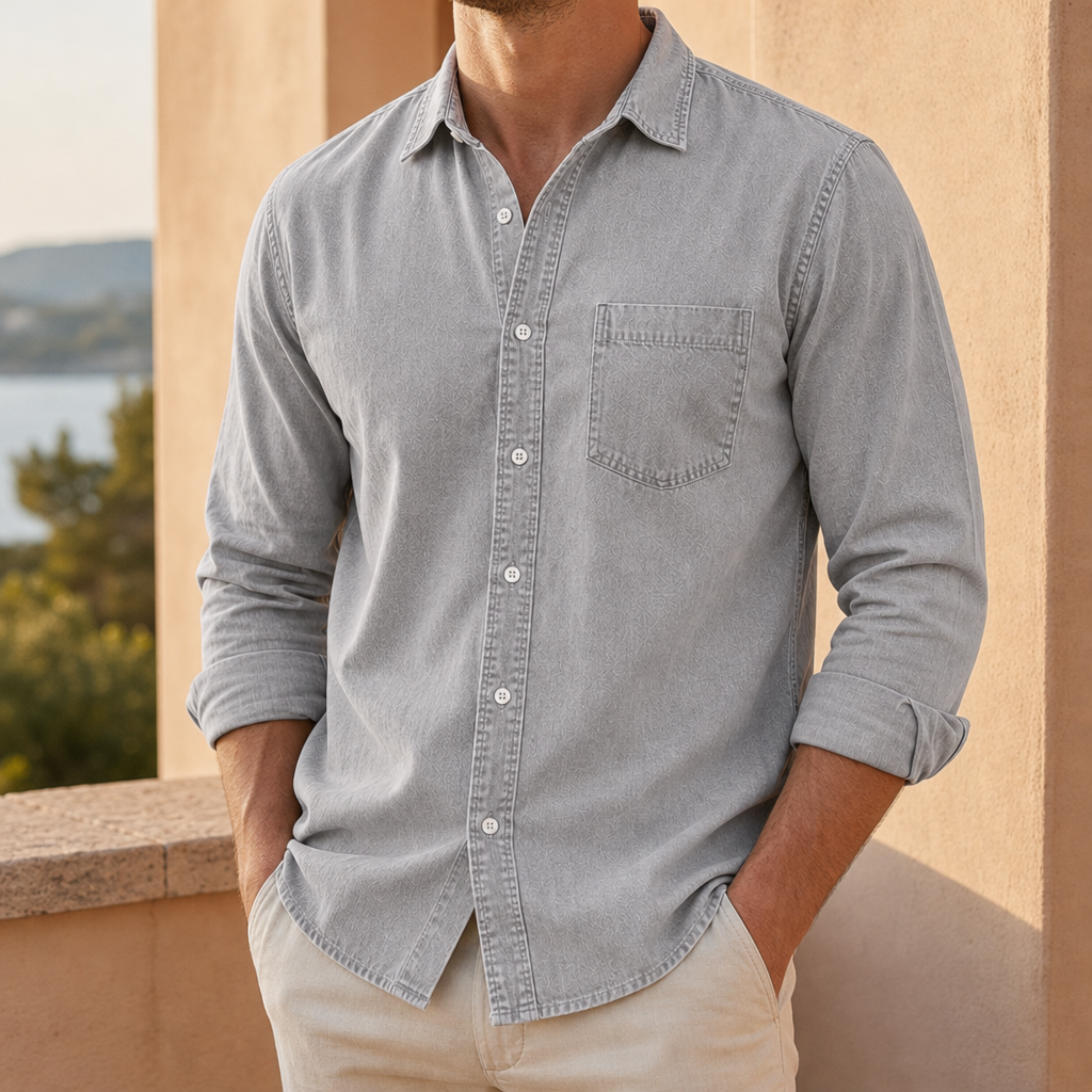 Lesvos Washed Cotton Shirt in Light Gray
