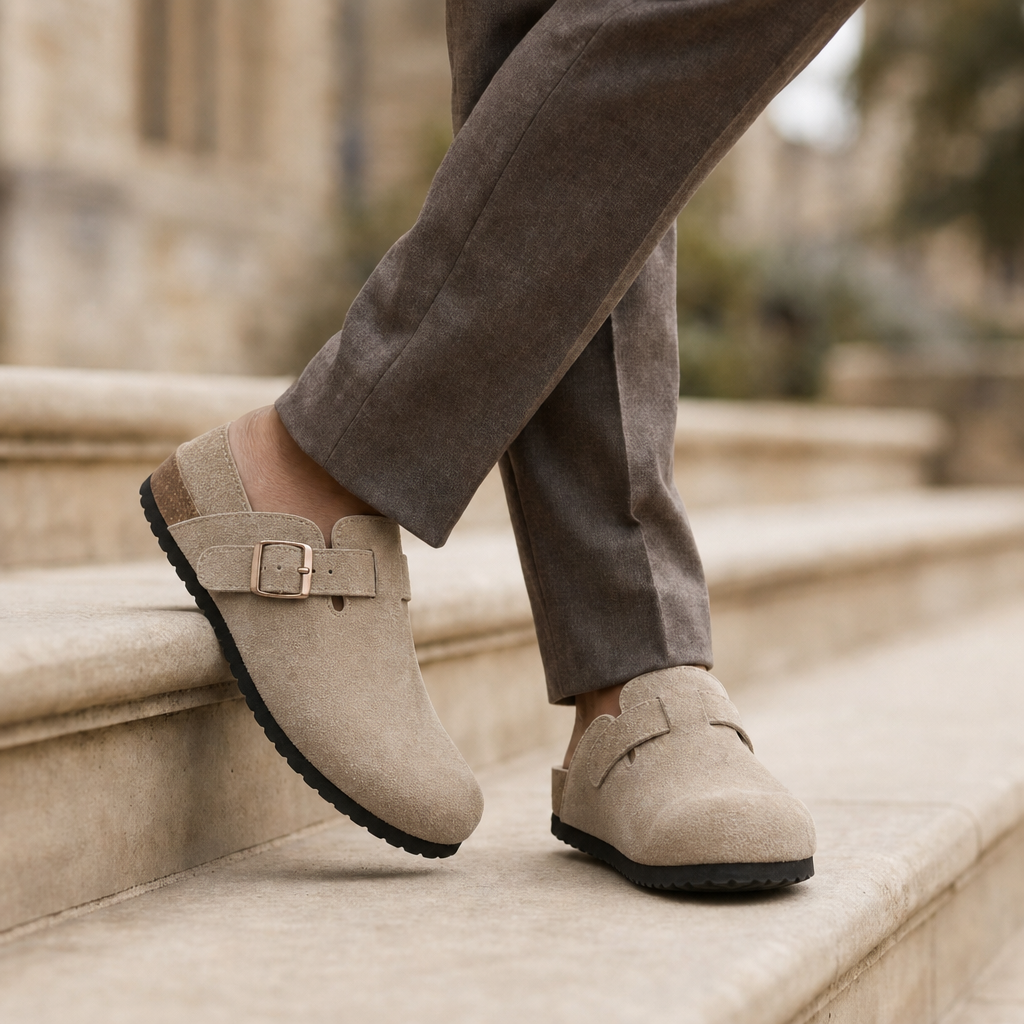 Lourmarin Suede Buckle Clogs in Beige